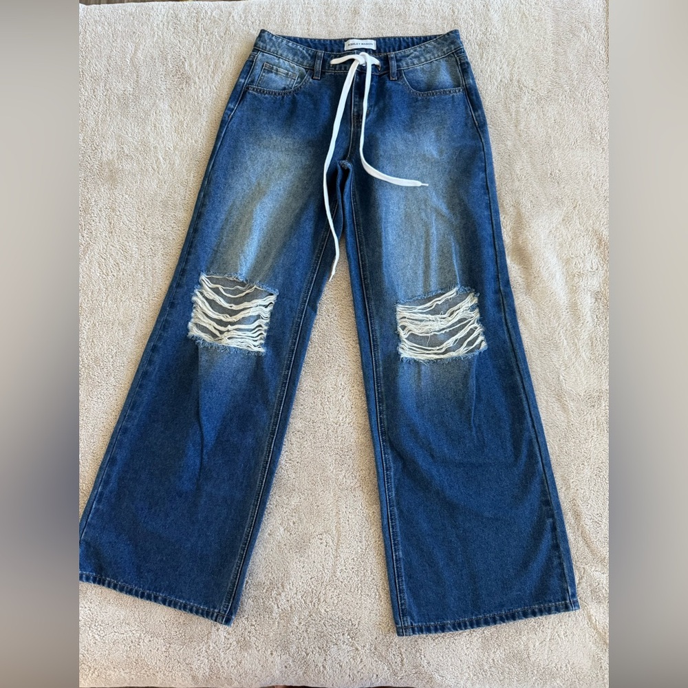 Ashley Mason Blue Relaxed Fit Jeans with Distressed Details